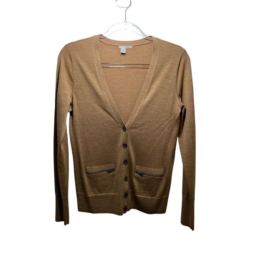 Halogen 100% Merino Wool Minimalist Quiet Luxury Cardigan Women S Tan Pockets